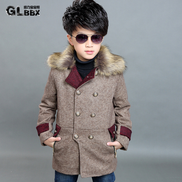 童装男童呢子外套秋冬装2015新韩版中大童毛呢中长款加绒加厚大衣