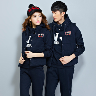2015年秋冬季新款韩版男女卫衣加绒加厚情侣装运动休闲套装三件套