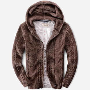 2015冬季男士休闲毛衣纯棉水洗连帽修身保暖针织开衫加厚线衣外套