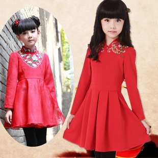 冬季新款儿童唐装女童中国风唐装古筝演出服大童红色连衣裙过年装