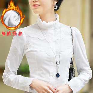加绒衬衫女长袖韩范修身纯白棉淑女式衬衣立领气质加厚保暖打底衫