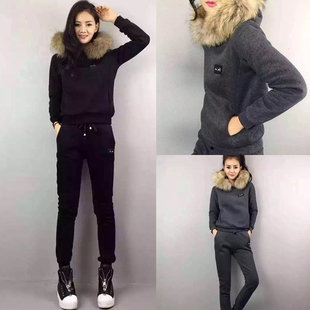 韩版2015秋冬新款时尚加绒加厚两件套毛领卫衣休闲运动套装女潮