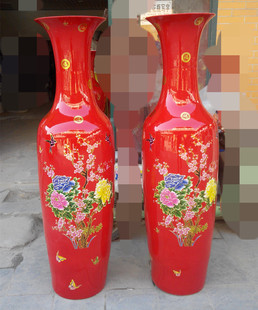 景德镇陶瓷器 中国红落地大花瓶 花开富贵 1.4米 1.6米
