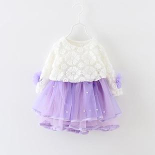 2016春装新款婴儿女宝宝蕾丝连衣裙女童裙子两件套长袖打底裙小童