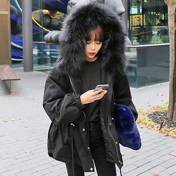 韩国冬季棉衣女2015韩版中长款大毛领加厚大码宽松工装棉衣外套女