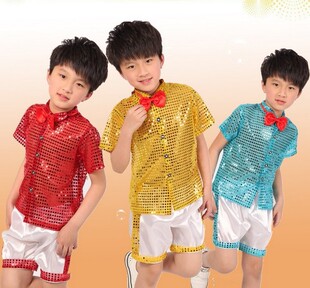 2014新款六一儿童演出表演服现代爵士亮片舞台服红领带合唱男童套