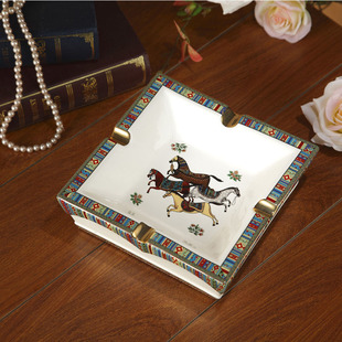 爱马仕高档陶瓷烟灰缸奢华欧式客厅装饰个性时尚方形烟碟摆件包邮
