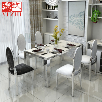 简约现代大理石餐桌椅组合 长方形饭桌 小户型餐台家用不锈钢餐桌