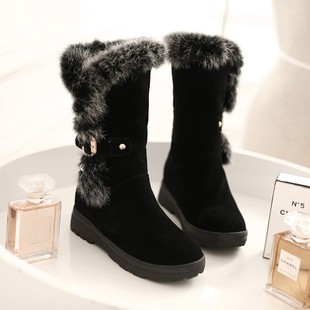 2015冬季新款时尚雪地靴短筒女士鞋子低跟加棉保暖兔毛带扣防滑潮