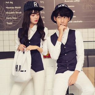 情侣装秋装新款韩版修身假两件衬衣 2015潮男女学院风长袖衬衫
