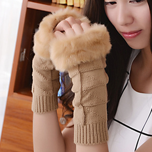 2016韩版可爱皮草半指手套女冬保暖加厚加绒露指上网短手套