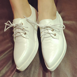 2015春秋女鞋女系带单鞋白色真皮时尚尖头鞋粗跟平底深口职业压花