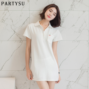 Partysu2015新款运动风中长款T恤连衣裙夏樱桃刺绣针织短袖女装