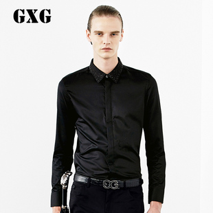 特惠GXG男装秋新款衬衣 男士时尚纯棉色长袖修身黑衬衫#33103728