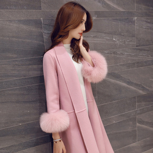 2015新款韩版女装秋冬长款毛呢外套女红色狐狸毛修身羊毛呢子大衣