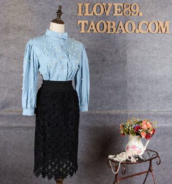 EN 韩版复古气质珍珠衬衫长袖女春公主范小立领泡泡袖牛仔衬衣