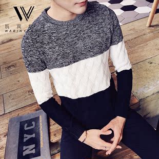 秋季新款韩版男士针织衫修身时尚青年拼色毛线衣学生圆领套头毛衣