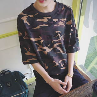 潮流日系迷彩男士短袖t恤夏季韩版宽松蝙蝠半袖上衣服男装体恤衫