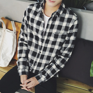 秋季新款韩版男士修身休闲格纹长袖衬衫青年潮流上衣潮男