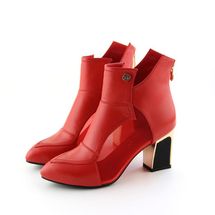 2015国内正品时尚罗马鞋秋季凉靴镂空粗跟女鞋金属包跟红色凉鞋子