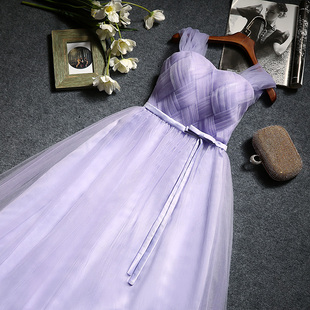 2016春季新款韩版一字双肩伴娘服长款晚礼服修身姐妹团紫色宴会裙