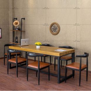 包邮设计师办公桌椅组合 loft美式复古老松木铁艺会议桌椅大班桌