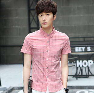 夏季格子短袖衬衫男韩版修身纯棉青少年学生英伦格子短袖衬衣