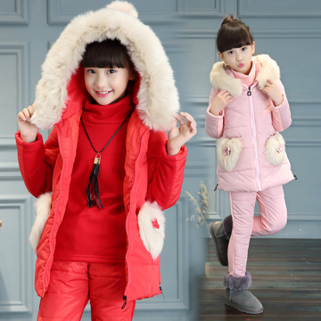 2016韩版女童套装全棉冬款加绒加厚三件套女孩子冬天外套棉裤包邮