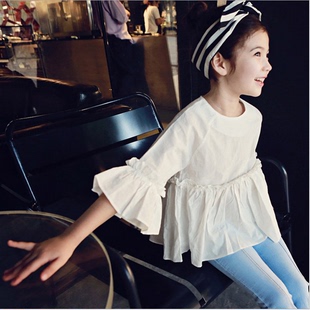 女童短袖T恤2016春夏季纯棉红色喇叭中袖娃娃衫韩版儿童宝宝上衣