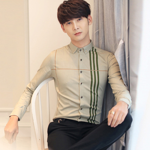 发型师衣服男潮装秋季竖条纹男士衬衫长袖修身型薄款青年韩版衬衣