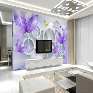 大型壁画3D立体圆圈墙纸壁画紫色梦幻花朵客厅电视沙发背景墙壁纸
