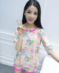 2016韩版睡衣女夏短袖纯棉大码夏款家居服女款套装全棉可外穿夏季