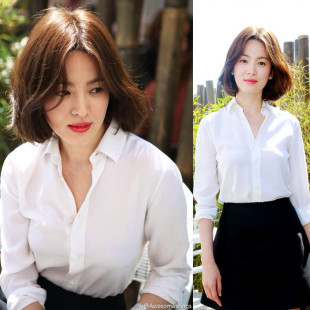 2016新款韩版纯色棉衬衣夏季宋慧乔同款韩范学生百搭长袖白衬衫女
