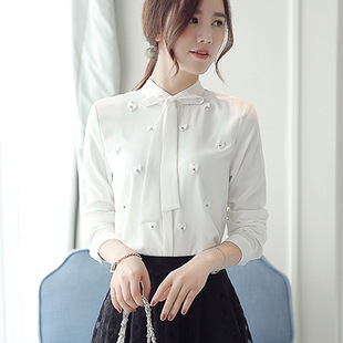 2016秋装新款韩版系带雪纺衫女长袖修身钉珠衬衫打底上衣