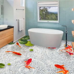3D立体地板画客厅卧室厨房卫生间浴室地板革地贴酒店自粘 荷花鱼