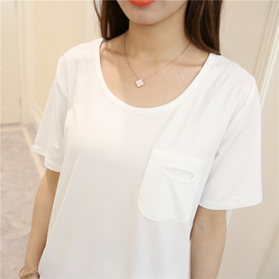2016夏季新款韩版中长款口袋纯色圆领t恤大码宽松短袖女士打底衫