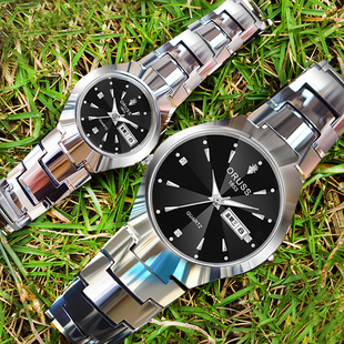 瑞士钨钢色男士手表银色时尚防水双日历潮流手表个性夜光非机械表