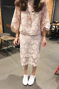 韩国代购2016夏季新款蕾丝套装连衣裙 气质名媛中袖一步裙女韩版