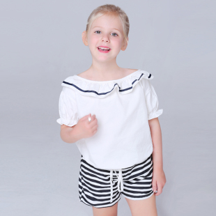 女童夏装2016新款套装宝宝儿童白色斜肩t恤上衣条纹短裤两件套