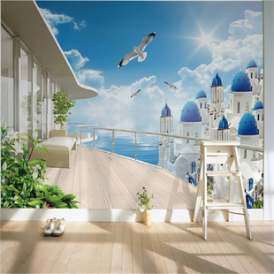 大型壁画3D空间拓展风景爱琴海地中海城堡墙纸壁画客厅背景墙壁纸