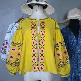 韩国东大门灯笼袖衬衣女长袖开衫短款小外套民族风刺绣系带上衣秋