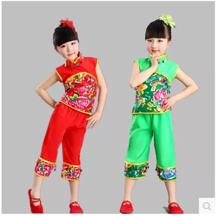 新款六一儿童中国结民族舞蹈秧歌服手绢舞表演演出服装女童红绿色