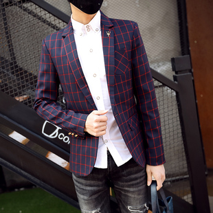 2016春季新款男士韩版修身款小方格休闲西服一粒扣西装小外套