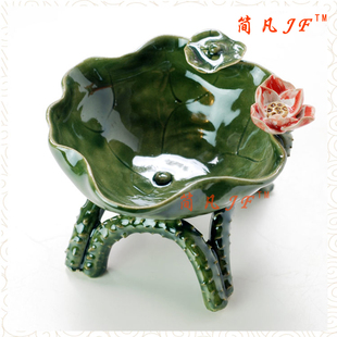 新中式田园客厅茶桌面创意陶瓷荷叶莲花烟灰缸碟绿植水培花盆摆件