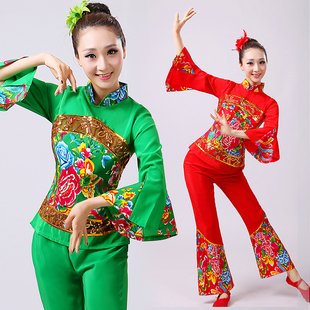 新款花布秧歌服女装民族舞蹈演出服腰鼓服装春夏季广场舞服红绿色