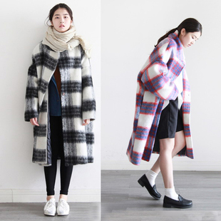 羊毛呢大衣秋冬中长款格子韩国学生大码宽松学院风加厚毛呢外套女