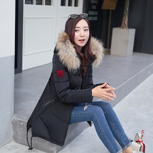 冬季新款韩版棉衣女中长款貉子毛领修身显瘦羽绒棉服加厚学生棉袄