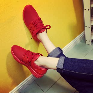 运动鞋女韩版系带平底2016夏红色椰子软底休闲学生跑步鞋轻便透气