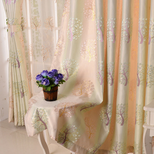 成品定制米黄色高档遮光发财树卧室客厅落地窗现代简约窗帘平面窗