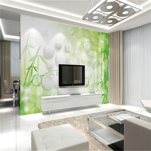 大型壁画3D立体圆圈墙纸壁画现代简约绿竹客厅沙发电视背景墙壁纸